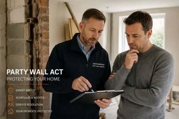 Party wall surveyor Hampshire discussing extension plans with homeowner outside a UK semi-detached house.
